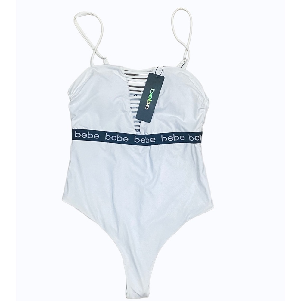 Bebe White Logo One Piece Swimsuit with Cutouts Medium NEW NWT